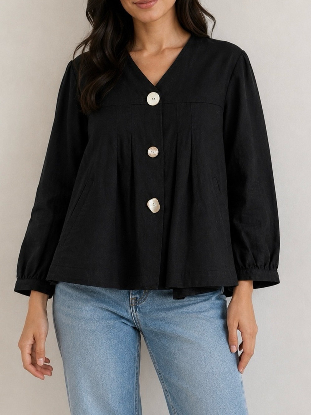 ZARA Black Linen Blend Pleated Jacket Top Oversized Buttons Pockets Size S